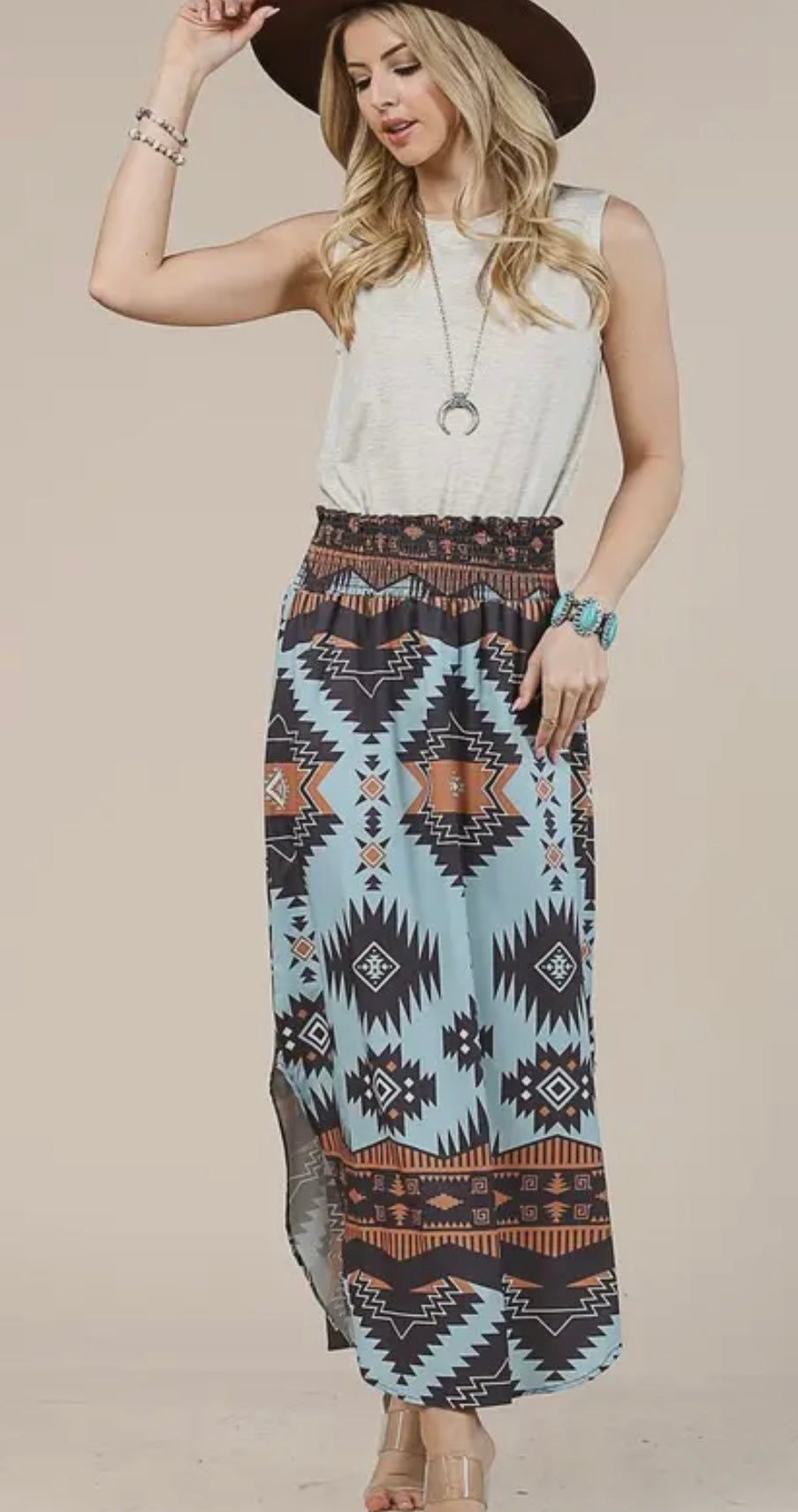 Dusty teal & saddle brown Aztec maxi skirt