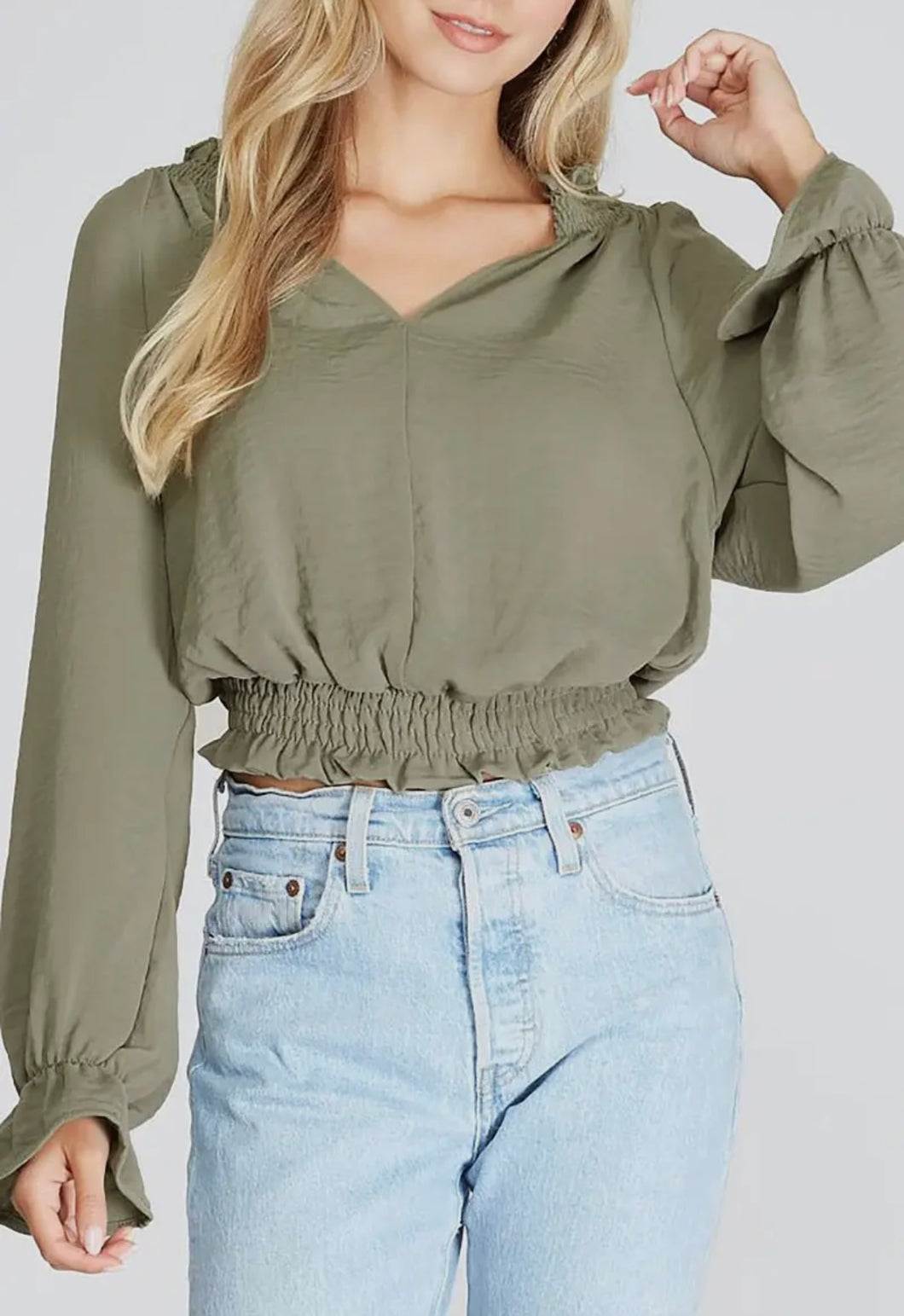 Olive Green v neck long sleeve top