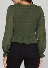 Load image into Gallery viewer, Olive green long sleeve Swiss dot scrunch front top with tie
