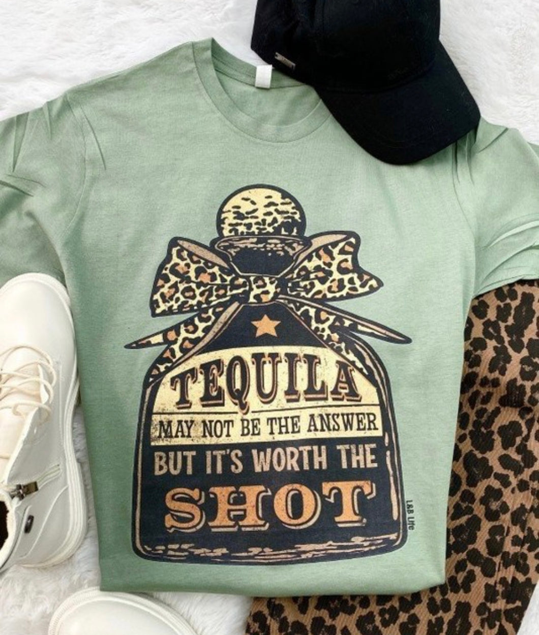 Sage green Cheetah tequila shot t-shirt