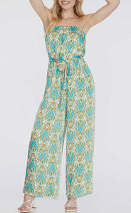 Teal, cream & mustard multi medallion strapless jumpsuit