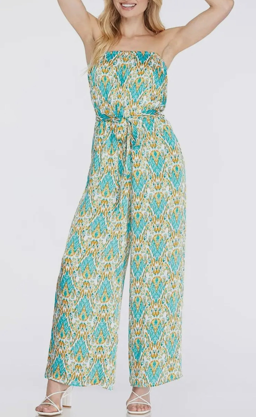 Teal, cream & mustard multi medallion strapless jumpsuit
