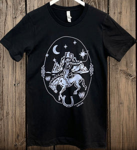 Black & white cowboy bucking horse moon t-shirt