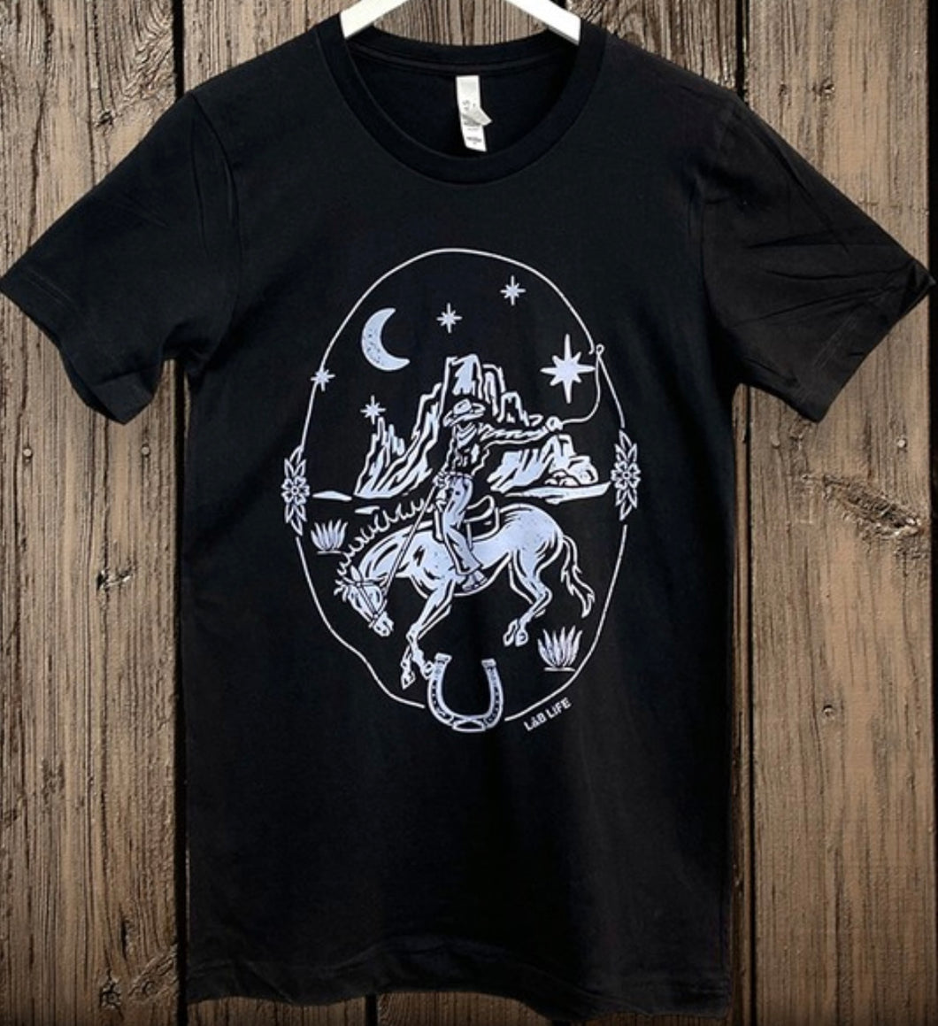 Black & white cowboy bucking horse moon t-shirt