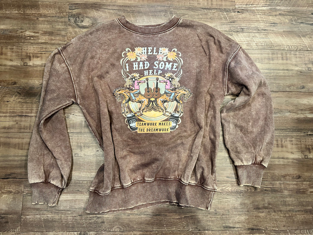 Brown acid wash “hell I had some help” crewneck