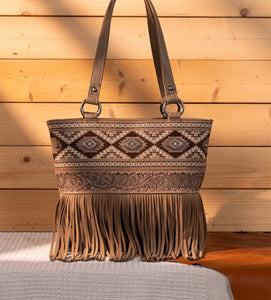 Kahki brown embroidered Aztec fringe purse