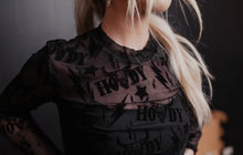 Load image into Gallery viewer, Black howdy mesh long sleeve top with velvet overlay
