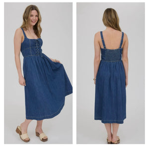 Denim lace up front midi dress