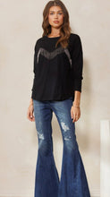 Load image into Gallery viewer, Black long sleeve crewneck with bling fringe accent
