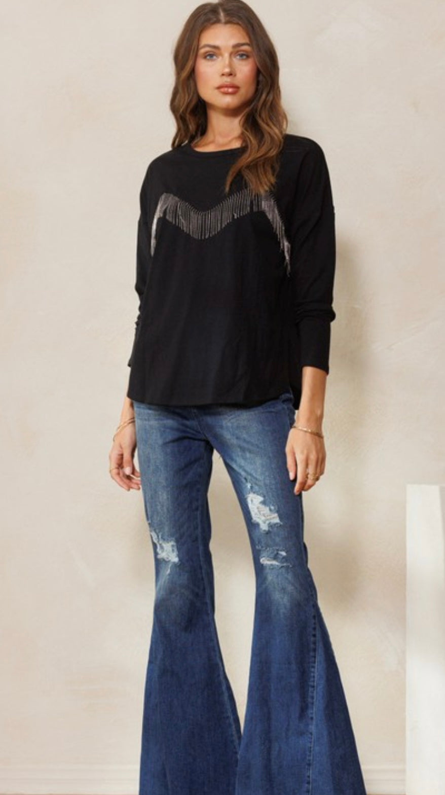 Black long sleeve crewneck with bling fringe accent