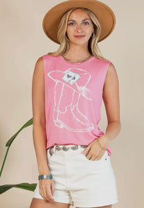 Pink tank with ivory boots & deck of cards