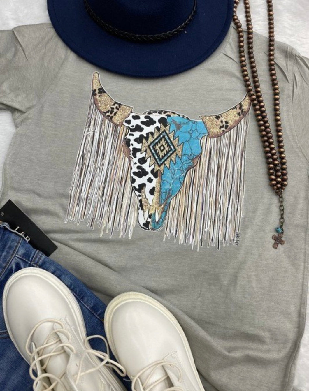 Cement grey with cow print & turquoise fringe steer head t-shirt