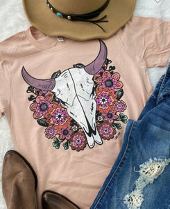 Baby pink with purple Mulit floral steer head t-shirt