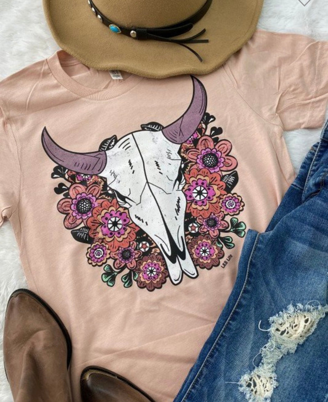 Baby pink with purple Mulit floral steer head t-shirt