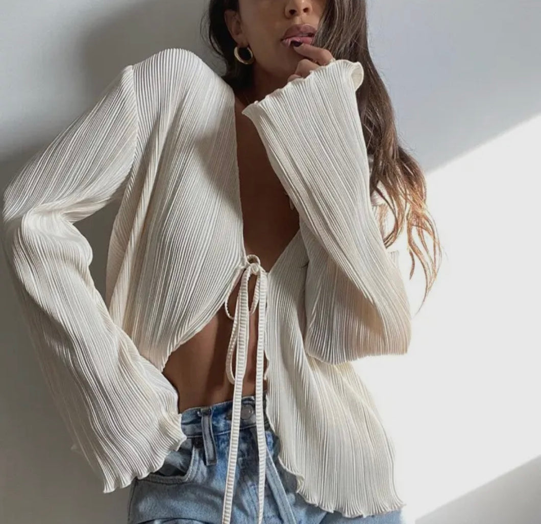 Cream ribbed long sleeve with bow tie closure