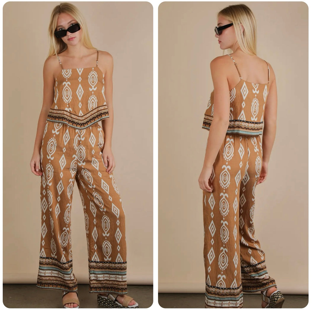 Saddle brown & cream Aztec 2pc pant and tank set