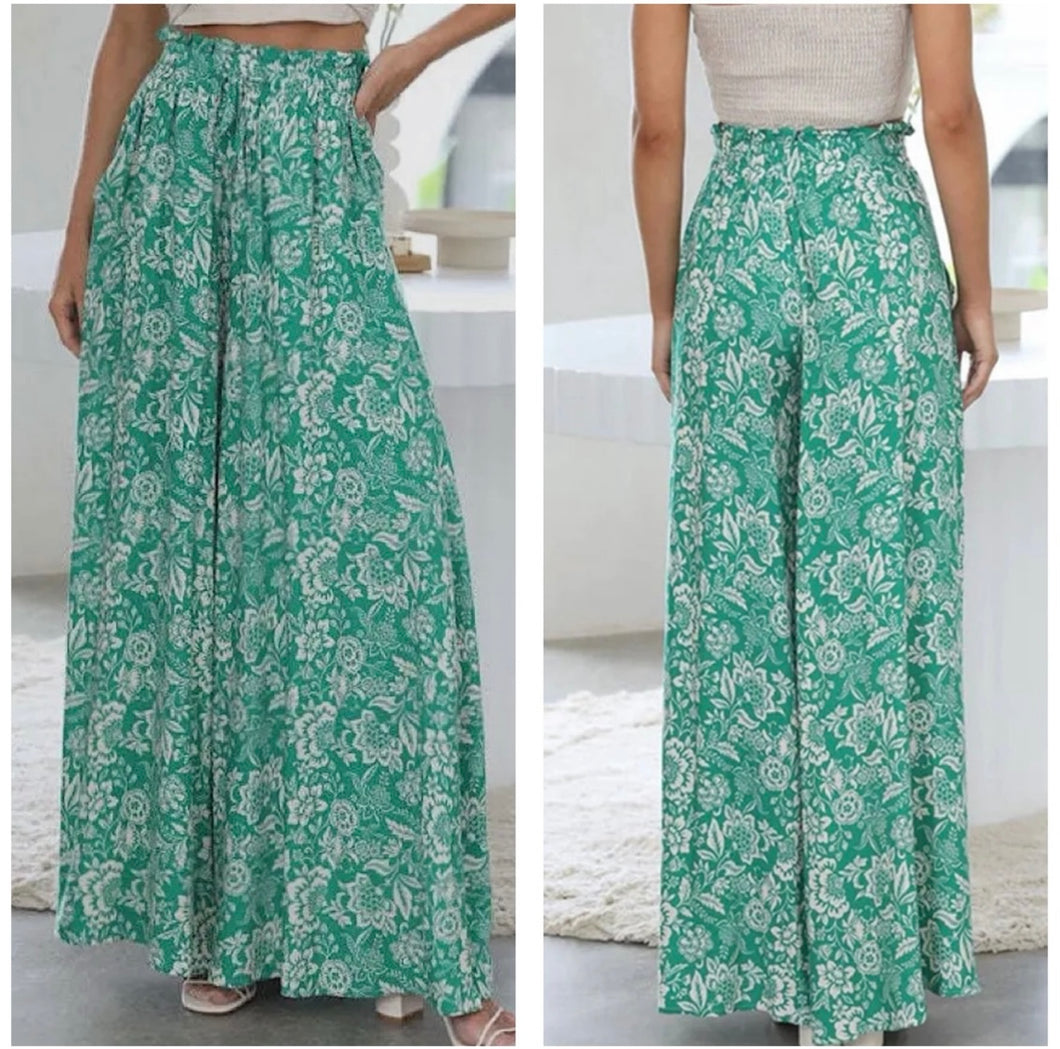 Teal & ivory floral palazzo pants