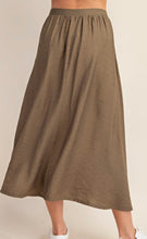 Load image into Gallery viewer, Army Green linen flowy maxi skirt with button accent
