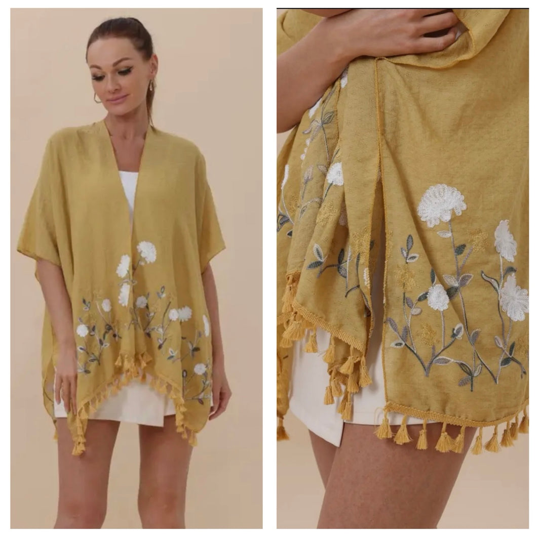 Mustard kimono with ivory & olive embroidered floral & tassels