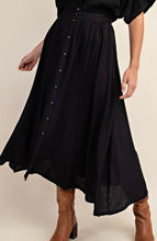 Load image into Gallery viewer, Black linen flowy maxi skirt with button accent
