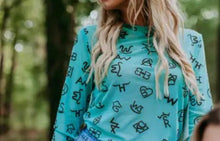 Load image into Gallery viewer, Teal with black brand long sleeve mesh top
