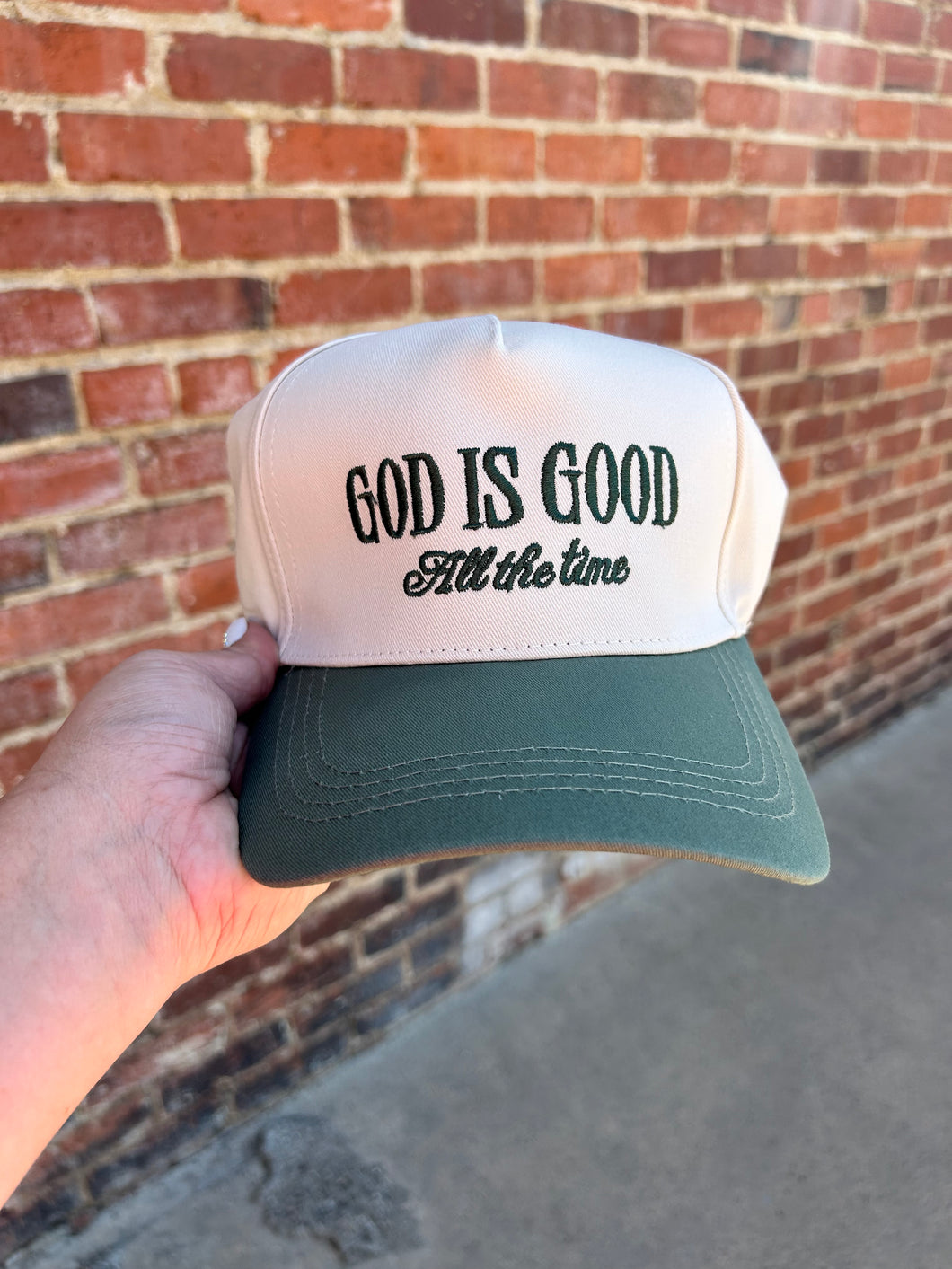 Ivory & Olive Green God is good all the time embroidered hat