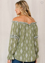 Load image into Gallery viewer, Olive green &amp; ivory Aztec long sleeve top
