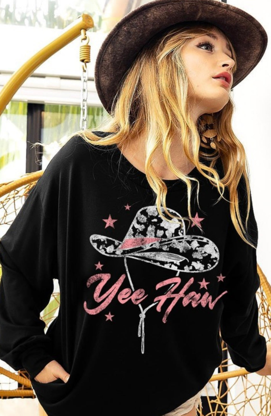 Black long sleeve yeehaw cowboy light weight crewneck