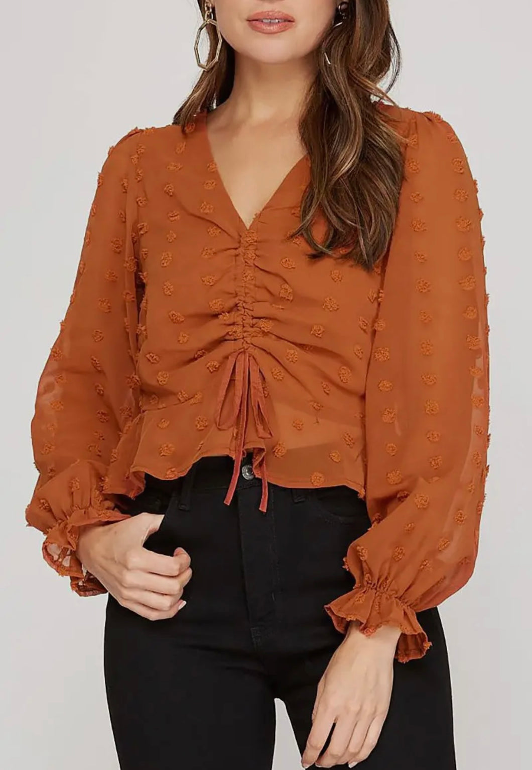 Rust long sleeve Swiss dot scrunch front top with tie