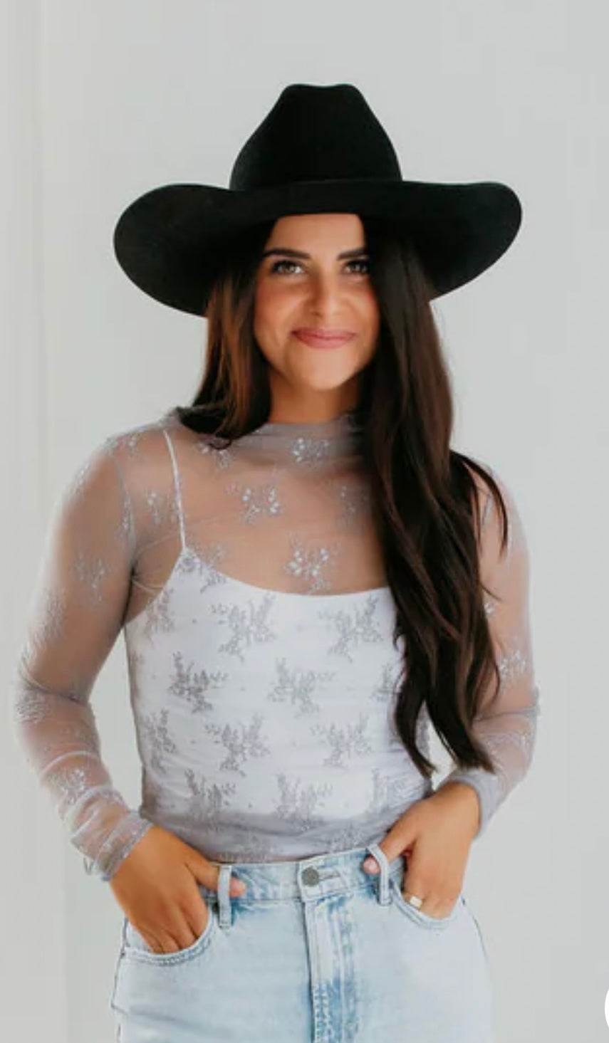 Grey lace floral mesh long sleeve top
