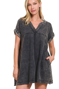 Black acid wash gauze short sleeve dress