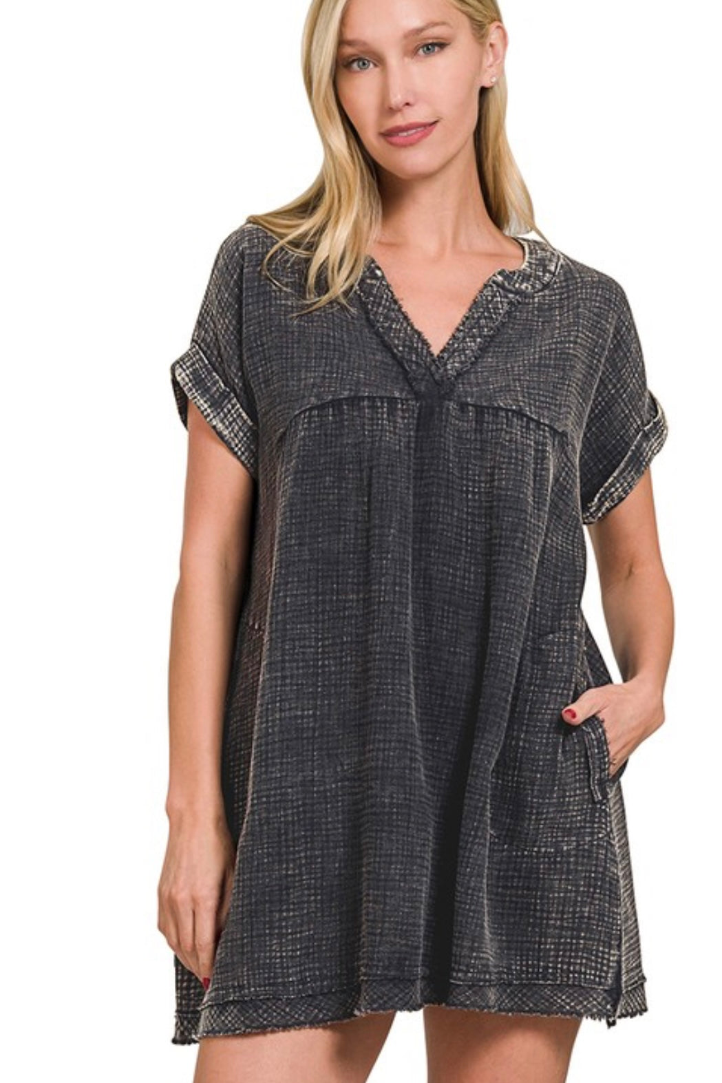 Black acid wash gauze short sleeve dress