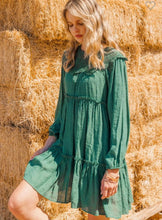Load image into Gallery viewer, Hunter green linen crotchet accent long sleeve dress
