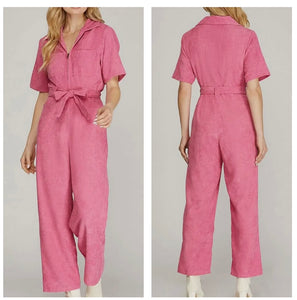 Pink corduroy short sleeve overalls