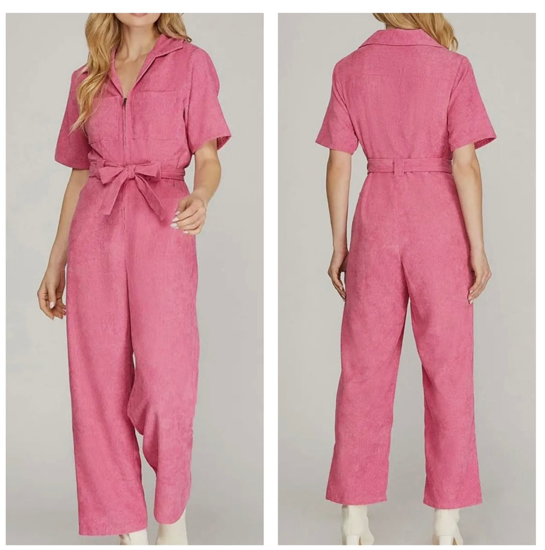 Pink corduroy short sleeve overalls
