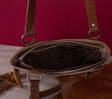 Load image into Gallery viewer, Tan, pink &amp; saddle brown boot stitch embroidered fringe purse by Montana west
