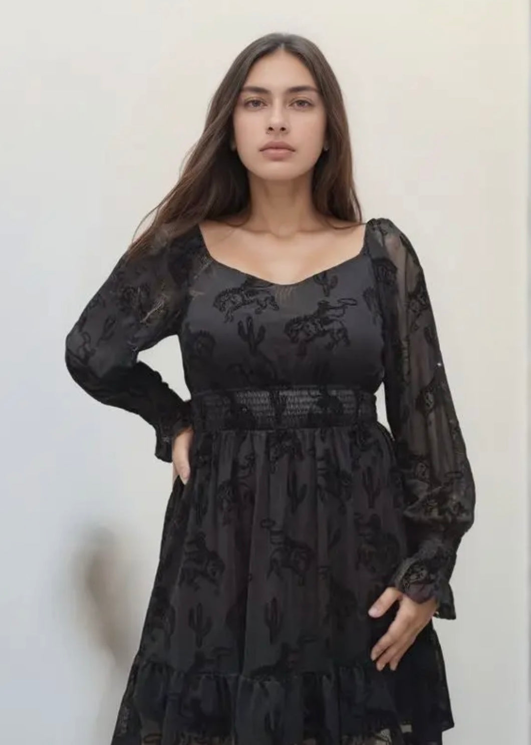 Black bucking horse & cactus mesh long sleeve dress