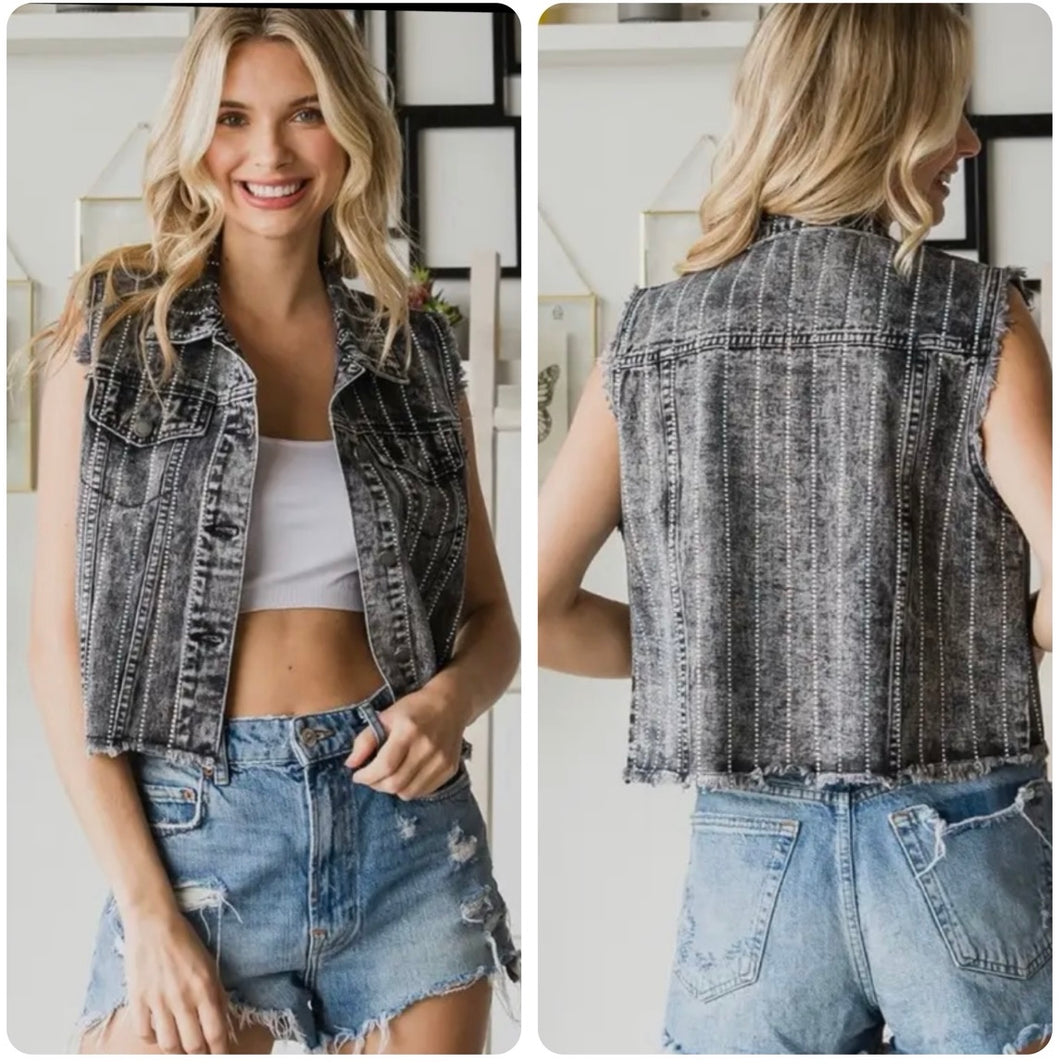 Black denim rhinestone bling vest