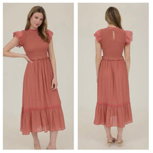 Smocked Eyelet midi Dress Terracotta