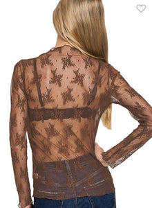Chocolate brown lace floral mesh top