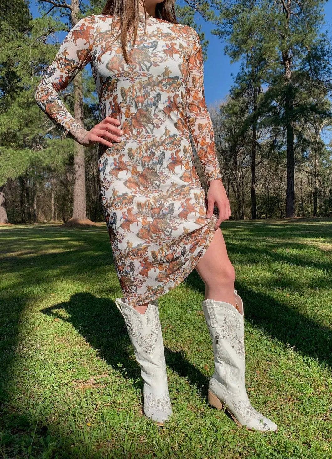 Wild horses cream & saddle brown mesh midi dress
