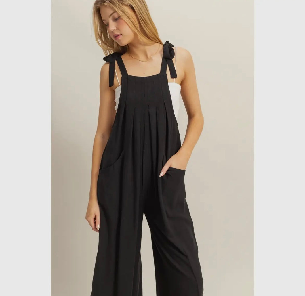 Black Linen overalls with bow tie strap