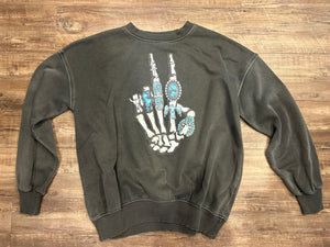 Charcoal acid wash skeleton jewelry hand crewneck