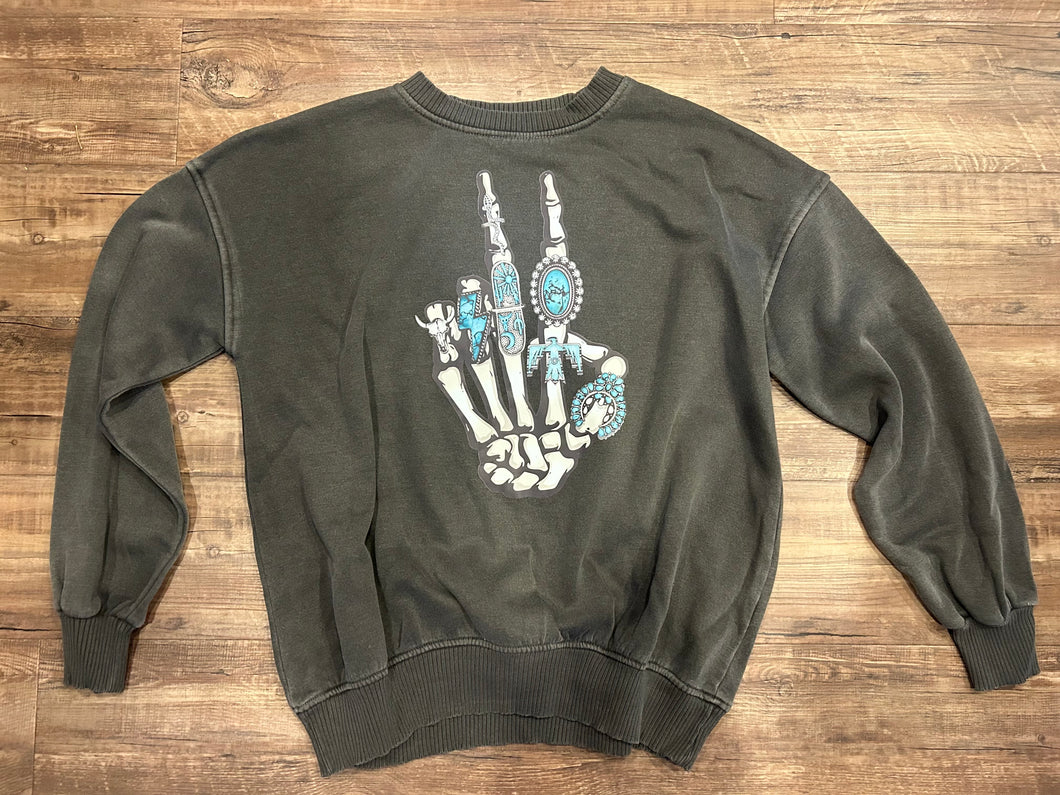Charcoal acid wash skeleton jewelry hand crewneck