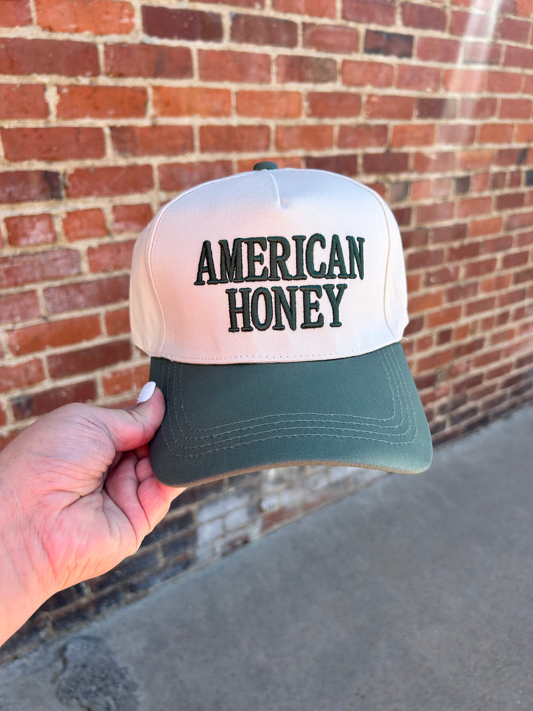 Ivory & Olive Green American Honey embroidered hat