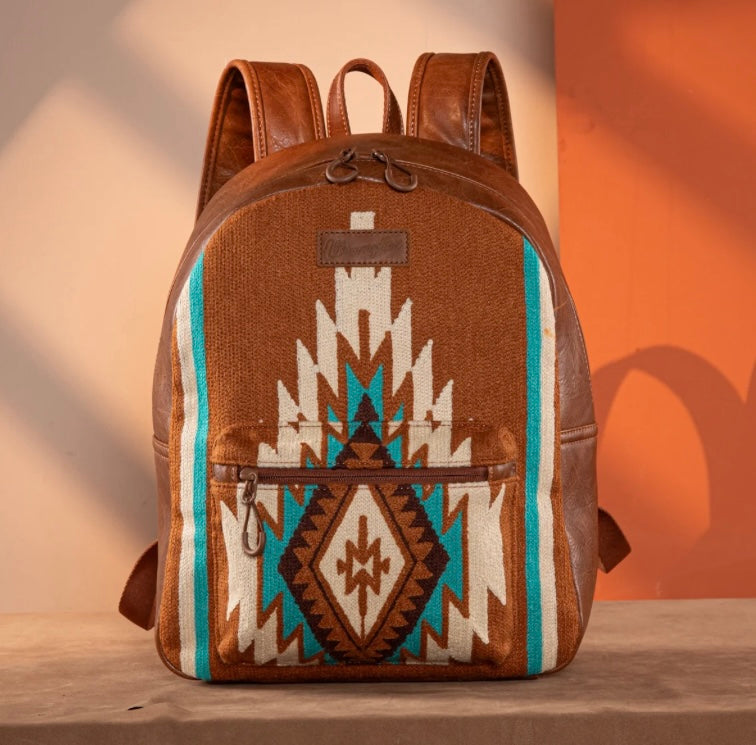 Wrangler Saddle Brown, cream & turquoise knit Aztec backpack