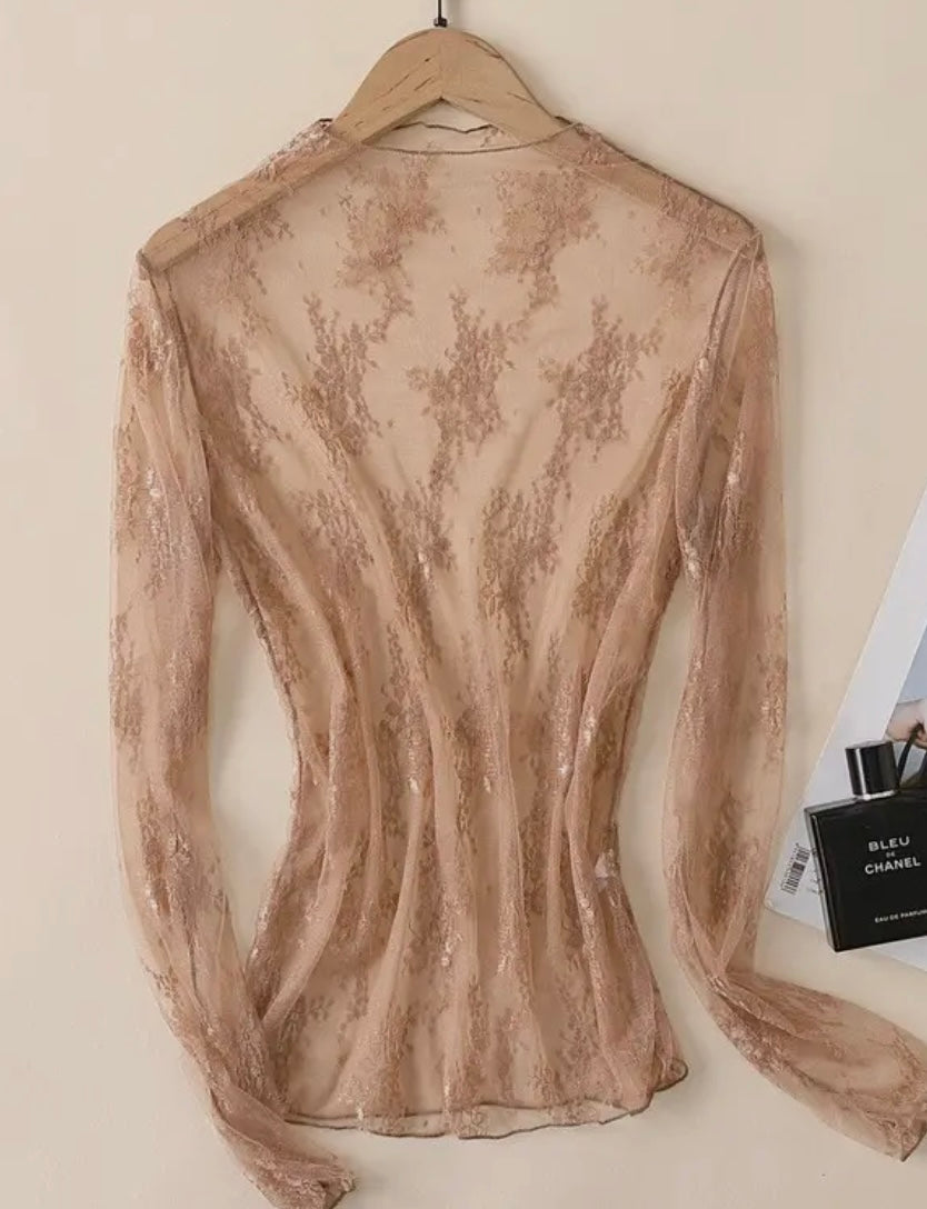 Mocha floral lace mesh top