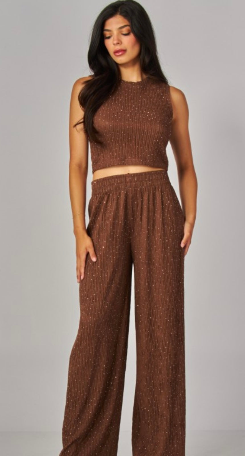 Brown with bling accent ribbed 2pc pant set