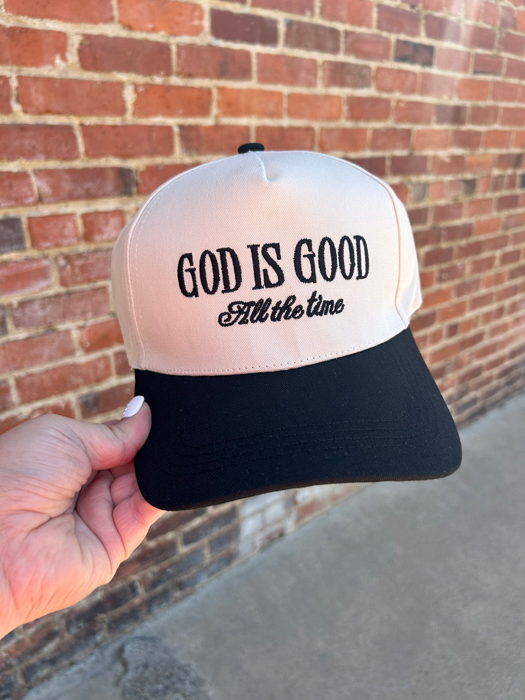 Ivory & Black God is good all the time embroidered hat