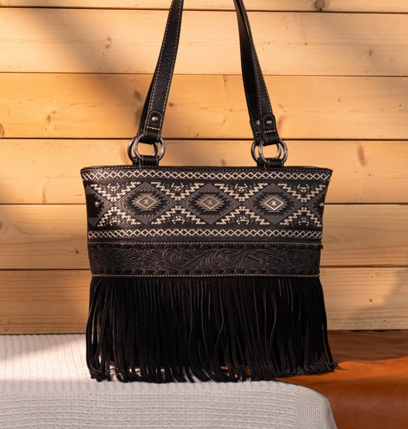 Black embroidered aztec fringe purse